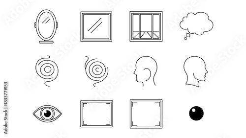 Minimalist outline icons: mirrors, faces, thought bubbles, and more