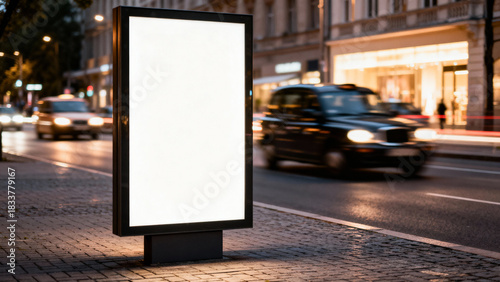 Blank illuminated city lightbox on urban street at night with cars passing