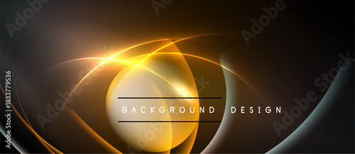 Abstract golden lines create dynamic, flowing shapes. Dark background emphasizes bright central glow, modern design element.