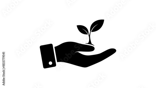 Minimalistic hand holding a growing plant on white background
