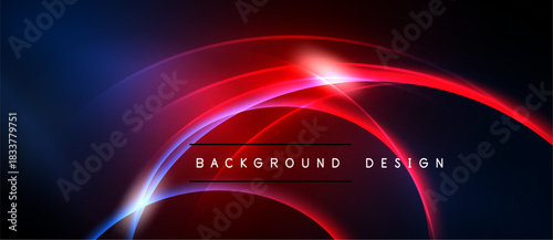 Abstract neon lines create dynamic red, blue glow. Dark background emphasizes vibrant curves, modern design elements.
