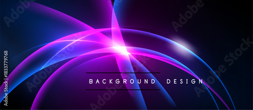 Abstract neon curves, vibrant blues, pinks radiate from central bright point. Dark background enhances luminous effect. Modern design element.