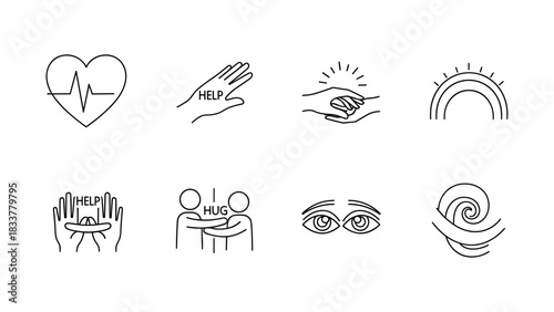 Minimalist support icons set: compassion, community, unity, wellness symbols
