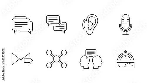 Communication icons set featuring chat, listening, and voice elements in minimalist linear style