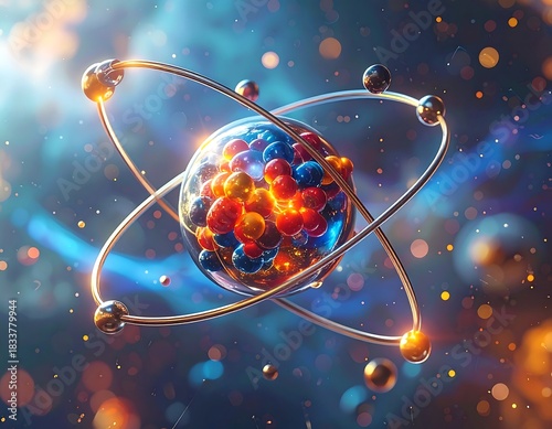 Abstract representation of an atom structure with colorful particles inside