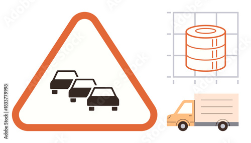 Warning triangle with car congestion sign, bar chart with stacked discs, delivery truck emphasizing logistics. Ideal for transport, traffic safety, data, supply chain, logistics, infrastructure