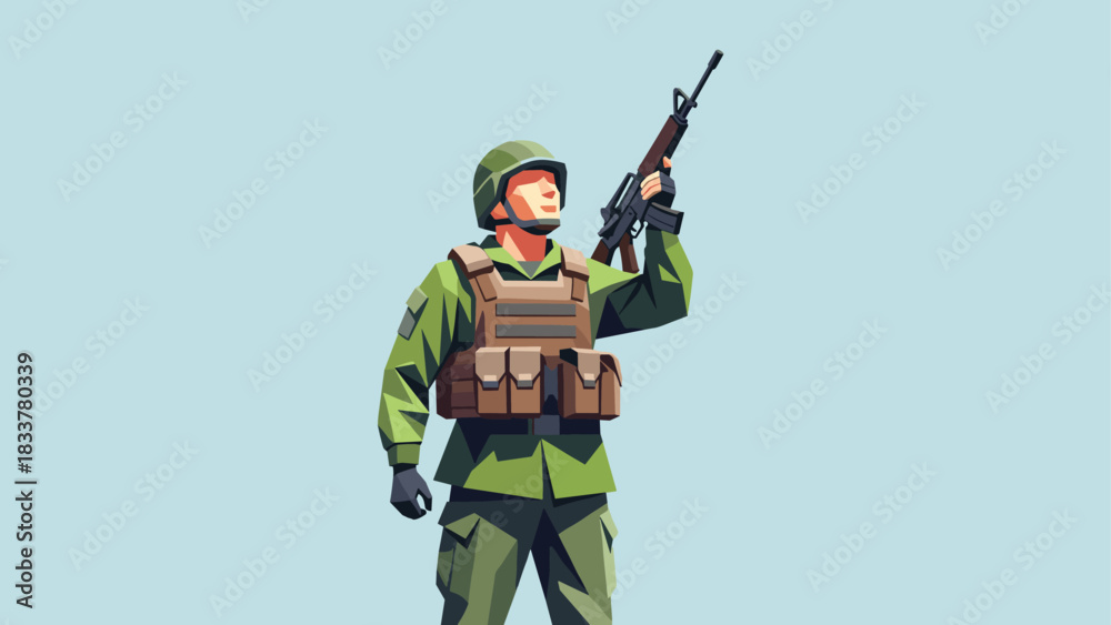 Naklejka premium Bold soldier in combat gear ready for action on clear blue background