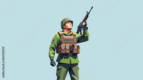 Bold soldier in combat gear ready for action on clear blue background