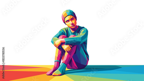 Colorful geometric art of contemplative person sitting on vibrant surface