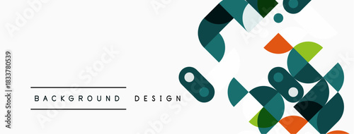 Abstract geometric shapes overlap, creating modern design. Colors include teal, orange, green, white, black. Minimalist aesthetic.