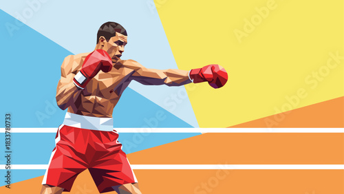 Dynamic geometric boxer in action with colorful abstract background