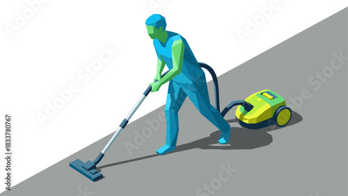 Isometric cleaning concept with person vacuuming a carpet
