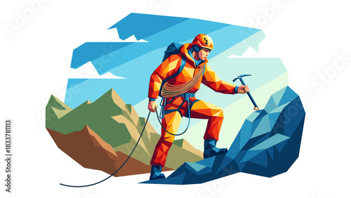 Colorful geometric style mountaineer climbing a rocky mountain with gear