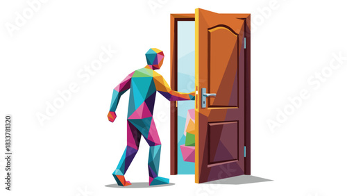 Geometric multicolor figure walking through an open door