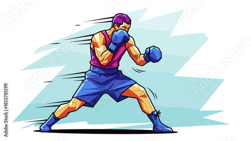 Geometric polygonal boxer in dynamic action pose with vibrant colors