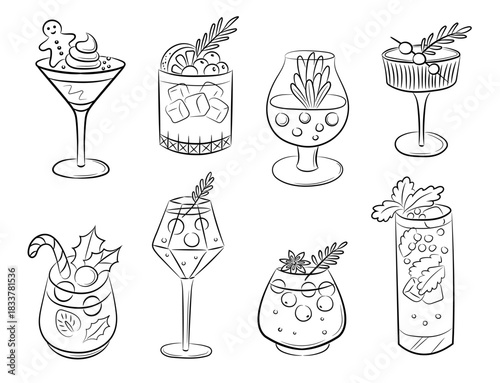 Set of winter holiday cocktails with decoration. Christmas and New Year's drinks in glasses of various shapes. Doodle sketch style. 