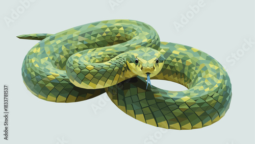 Geometric polygonal snake with vibrant green and yellow patterns on light background
