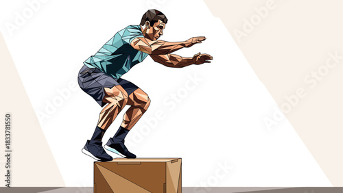 Geometric style athlete performing box jump exercise in polygonal design