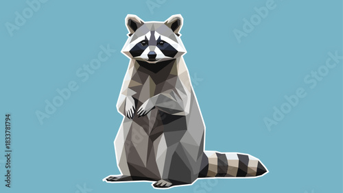 Geometric racoon portrait on blue background: polygonal wildlife art