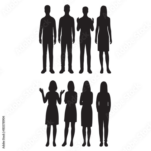 Male and female front view body shapes standing full height vector silhouette