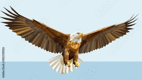 Geometric low poly eagle soaring with outstretched wings in blue sky