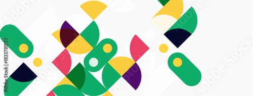 Abstract geometric shapes overlap, creating vibrant colorful pattern. Rounded forms dominate composition, suggesting movement, energy.