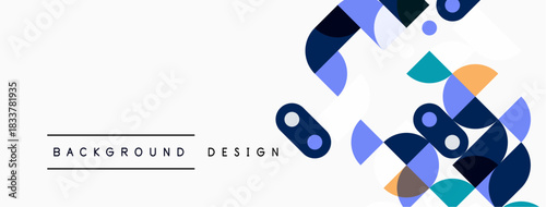 Abstract geometric shapes overlap, creating modern design. Colors include blue, orange, teal, purple, white. Minimalist aesthetic.