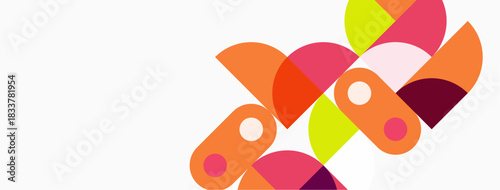 Abstract colorful shapes overlap, creating dynamic composition. Pink, orange, yellow hues dominate white background. Modern design.