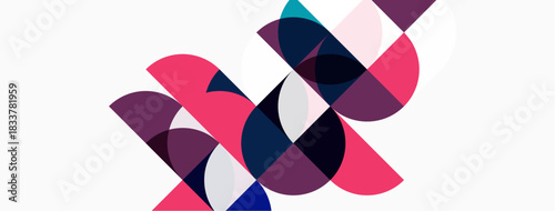 Abstract geometric shapes overlap, creating dynamic composition. Pink, blue, purple hues dominate neutral background. Modern design.