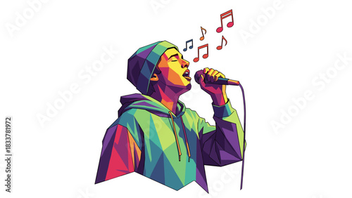 Colorful geometric singing performer in beanie with music notes