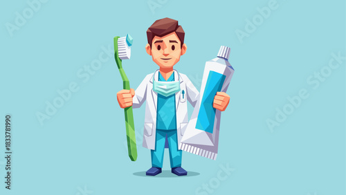 Cartoon dentist holding toothbrush and toothpaste with blue background