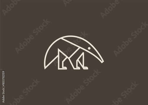 A line-art anteater logo drawn with smooth minimal strokes, emphasizing its long snout and curved posture to express uniqueness, curiosity, and gentle character