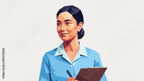 Low poly art woman holding clipboard in blue uniform on white background