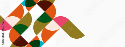 Abstract geometric shapes overlap, creating colorful pattern. Orange, pink, green, brown hues dominate white background. Modern design.