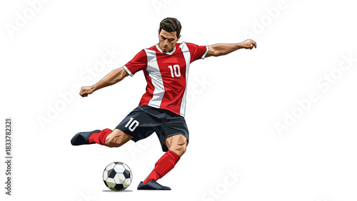 Dynamic male soccer player kicking ball in geometric style with red and white uniform