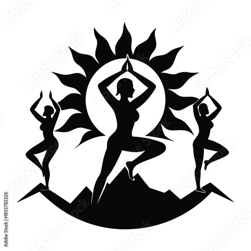 Silhouette Woman Doing Yoga at Sunrise on Mountain