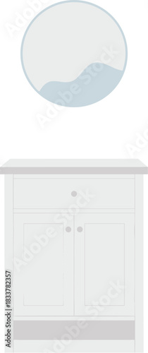 Modern white bathroom vanity cabinet with a round mirror isolated on a white background.