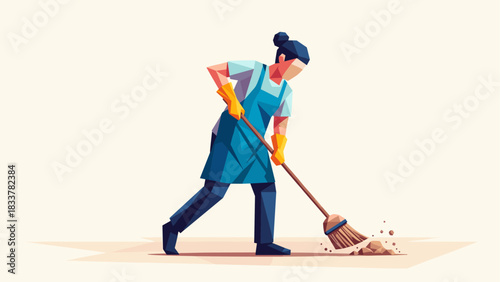 Low poly art style housekeeper sweeping floor with broom in geometrical design