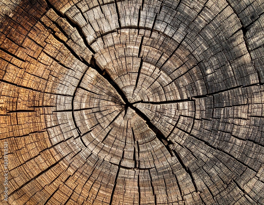 Fototapeta premium Close-up of a cut tree trunk showing concentric rings, cracks, and varied textures in shades of brown and gray