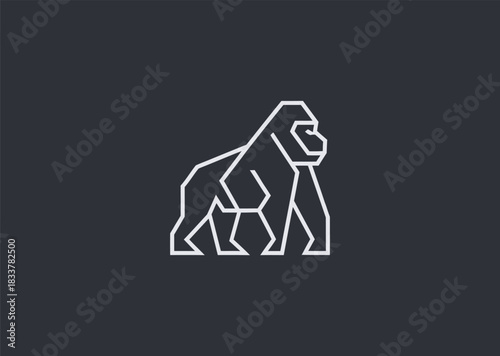 A simple geometric line gorilla logo built with strong angular shapes, highlighting its powerful head and calm dominance to symbolize strength, stability, and confidence