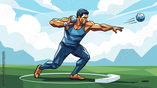 Geometric athlete throwing shot put with dynamic pose and vibrant colors