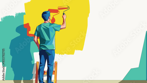 Geometric art style man painting wall with roller brush