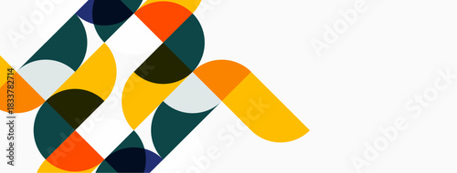 Abstract geometric shapes overlap, creating dynamic composition. Orange, teal, gray tones dominate white background. Modern design element.