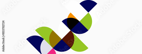 Abstract geometric shapes overlap, creating dynamic composition. Colors include navy, green, brown, pink, white. Minimalist design.