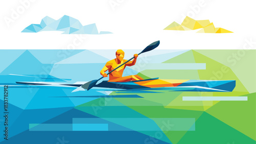 Geometric kayaker in vibrant waterscape with abstract low poly design