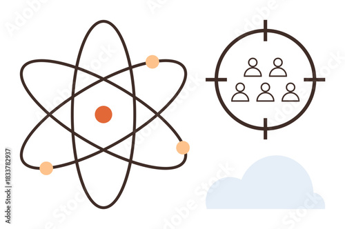 Atom structure, cloud, and users in a target illustrate science, technology, collaboration, data analysis, goal setting, innovation and teamwork. Ideal for education research strategy and cloud
