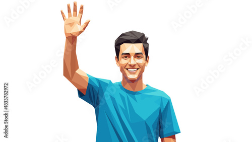Polygon art style portrait of smiling man greeting with raised hand in blue shirt