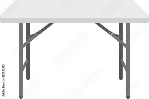 White rectangular plastic folding table with metal legs isolated on a white background.