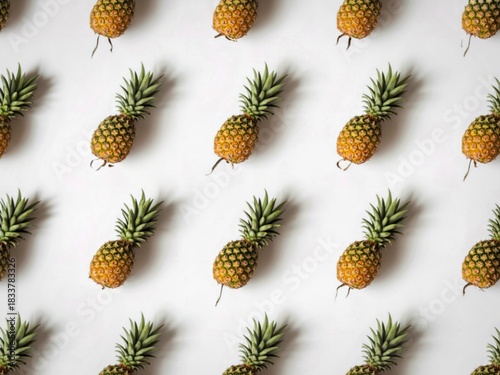 Repeating pattern of fresh pineapples on a white background