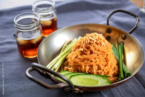 Savory noodles with fresh vegetables and iced tea